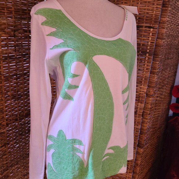 VTG NWT Tori Richard Long Sleeve Tee XL Palms Palm Tree Design Apple Color - Picture 2 of 7